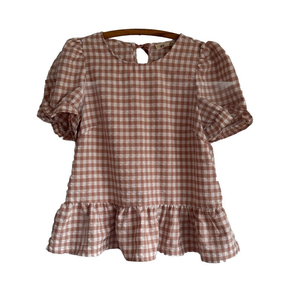 🩵Listicle Back Tie Bow Gingham Ruffled Peplum Top With Puffy Sleeves Medium🩵
